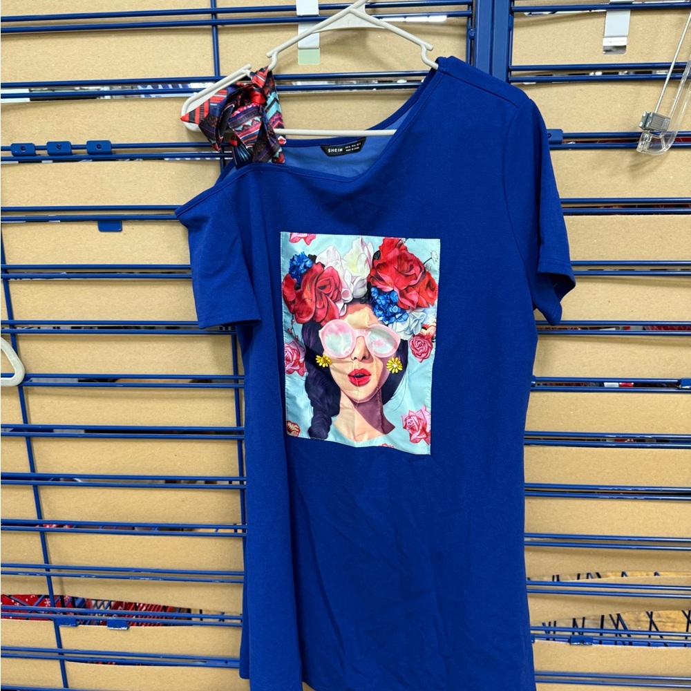 SHEIN Blue One Shoulder Dress with Floral Graphic